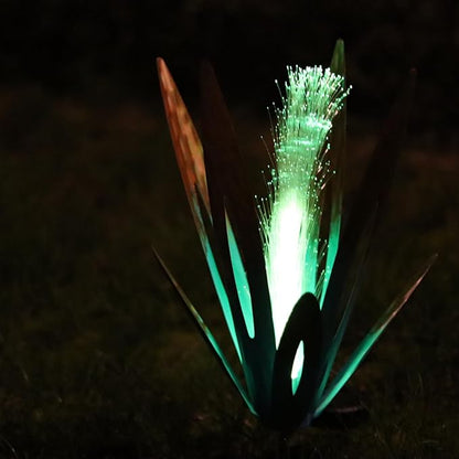 Metal Agave Garden Statue - 13x13x17 inch Solar LED Outdoor Lawn Decor, Hand-Painted Rustic Aloe Vera Sculpture, Waterproof Yard Art for Patio Pathway