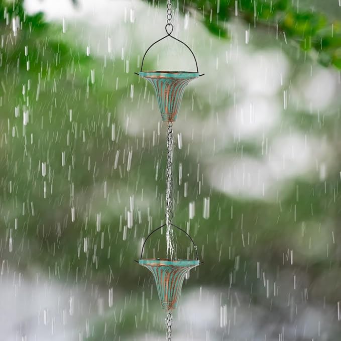 10 Ft Rain Chains for Gutters, Metal Rain Catcher Chain for Eaves Drainage, Rain Gutter Chains with 10 Green Funnel Cups, Adjustable Rain Chain for Outdoor Decor