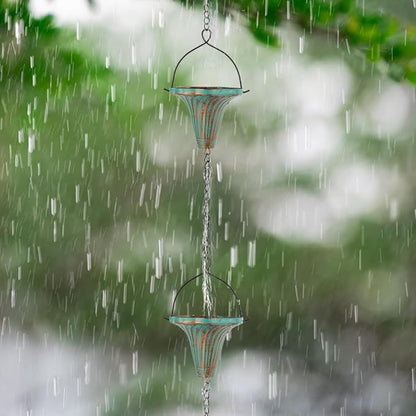 10 Ft Rain Chains for Gutters, Metal Rain Catcher Chain for Eaves Drainage, Rain Gutter Chains with 10 Green Funnel Cups, Adjustable Rain Chain for Outdoor Decor
