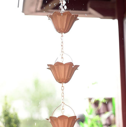 Copper Plated Rain Chain for Outside Downspouts,Adjustable Rain Catcher Chain for Eaves Drainage,Decorative Metal Hanging Flower Spiral Rain Bells(A)