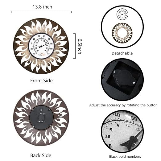 Decorative Outdoor Thermometer, Large Number Indoor Outdoor Thermometer, Black Metal Sun Wall Thermometer for Patio, Outside, Inside, Home, Garden, Room, Window, Greenhouse (13.8")