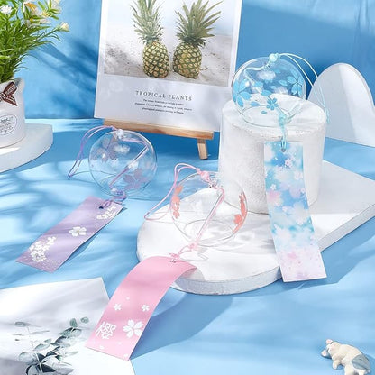 BENECREAT 3pcs Japanese Wind Chimes Pink Blue Light Purple Flower Wind Bells Handmade Glass Pendants for Wedding Festival Gift, Garden Window Outdoor or Indoor Home Decors