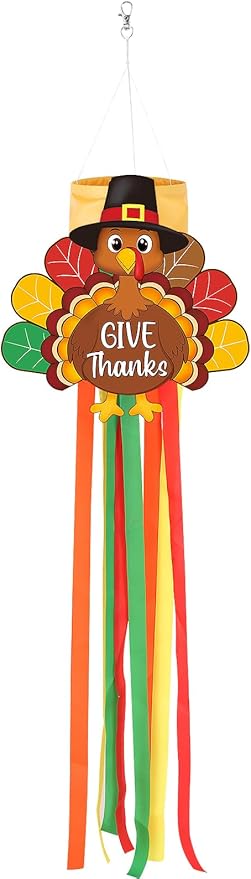 Thanksgiving Turkey Windsock with Streamers Thanksgiving Decorations Outdoor Hanging Decor for Fall Garden Flag Holiday Party Home Tree Lawn Patio Window Yard Wall Balcony Riband Wind Sock Colorful