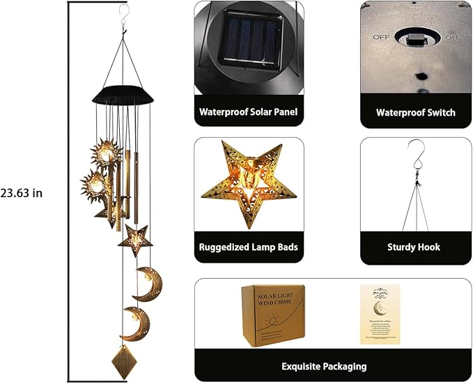Solar Wind Chimes for Outside,Sun and Moon Wind Chime for Outside,Waterproof LED Wind Chimes,Solar Lantern Wind Chime Outdoor, for Wife/Mother/Grandma/Neighbors ect