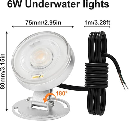 LED Underwater Pond Light, Heavy Duty Aluminum 12V 3000K Warm White IP68 Waterproof Fountain Light, Landscape Lamp for Swimming Pool, Fountain, Waterfall, Pond and Grass Land (6, Watts)
