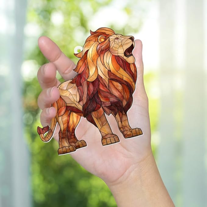Lion Stained Glass Ornament Acrylic Window Hanging Sun Catcher – Wildlife Animal Decor for Christmas Tree, Rearview Mirror, Home & Car Accessories, Safari Gifts for Men Women, Symbol of StrengthSun-26