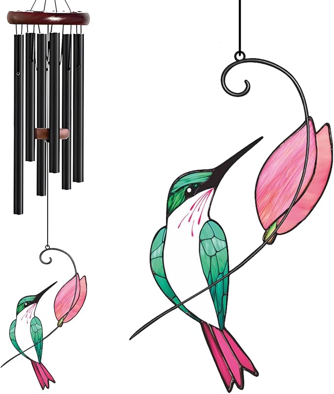 Personalized Metal Wind Chime Garden Sign, 40 Inch Outdoor Colorful Bird & Flower Memorial Decor, Yard Hanging Plaque for Patio Porch Lawn (JSTY367)