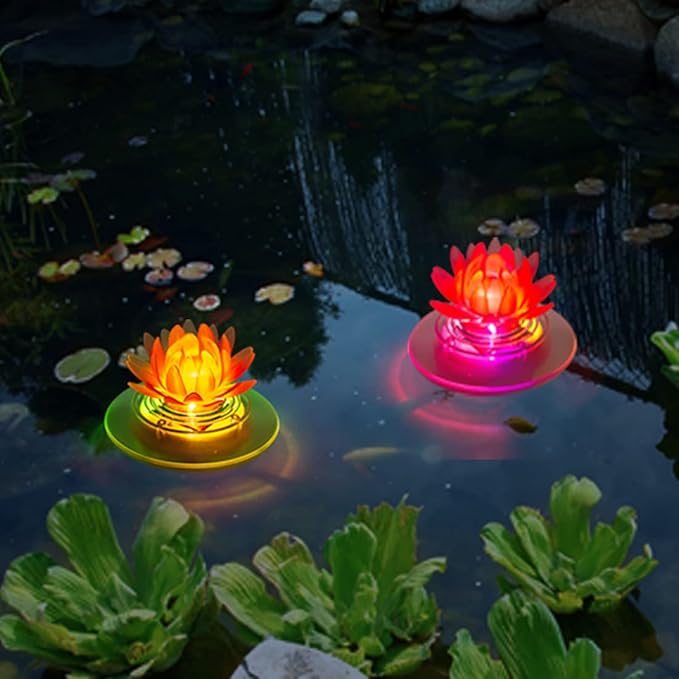pearlstar Solar Pond Lights - Waterproof LED RGB Solar Floating Lights for Swimming Pool, Spa, Patio, Wedding Party, Christmas Decorations (2Pcs Lotus)