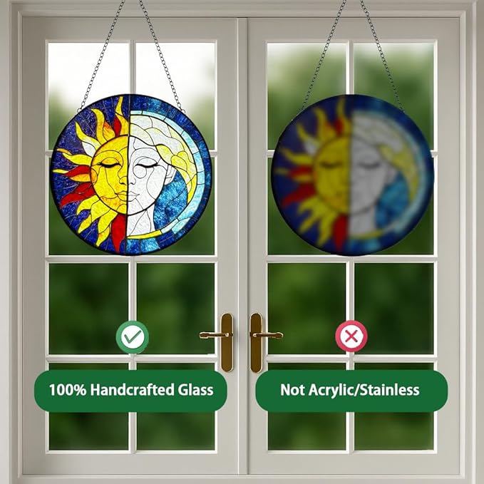 Sun Catchers Indoor Window Sun and Moon Stained Glass - Handmade Stained Glass Suncatchers Hanging with Hook and Chain - Outdoor Garden Decor Housewarming Gift for Christmas and Thanksgiving