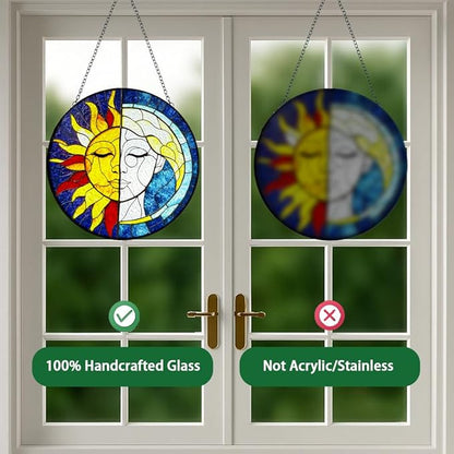 Sun Catchers Indoor Window Sun and Moon Stained Glass - Handmade Stained Glass Suncatchers Hanging with Hook and Chain - Outdoor Garden Decor Housewarming Gift for Christmas and Thanksgiving