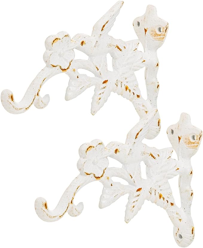 Sungmor Cast Iron Hanging Plant Brackets Decorative Plant Hanger, 2 Pack White Wall Mounted Flower Pot Hooks, Outdoor Bird Feeder Hanger, Vintage Garden Hooks for Wind Chimes, Lanterns, Birdhouse