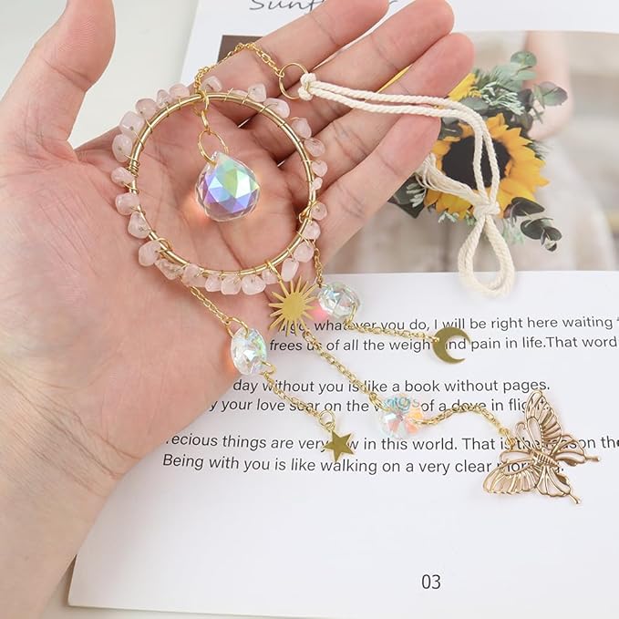 Crystal Sun Catcher, Natural Rose Quartz Crystal Suncatcher Hanging for Indoor Window, Dream Catchers for Car, Spiritual, Rainbow Maker
