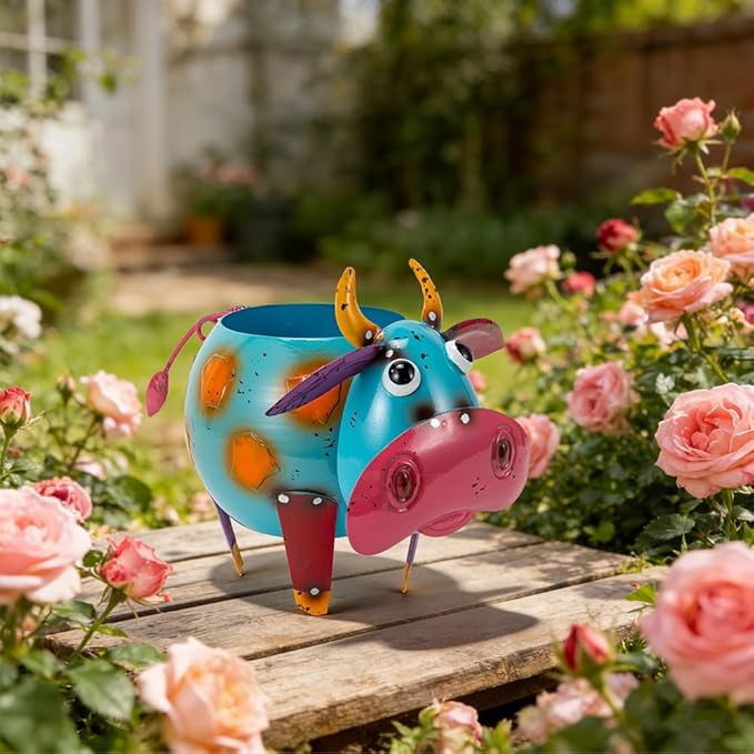 Oak & Lore Colorful Metal Cow Garden Statues, Cartoon Cow Outdoor Garden Sculptures & Statues with Planters Art Decor for Patio, Lawn, Yard, Balcony