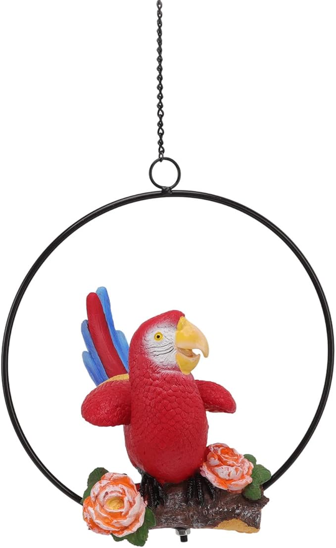 Hanging Iron Ring Parrots Statue, Garden Hanging Parrot Decor, Exquisite Resin Parrot Crafts with Metal Ring for Courtyard Balcony Lawn Outdoor Indoor Decoration