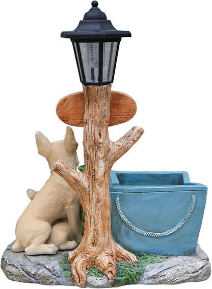 Solar Light Animal Outdoor Statue Planter with Welcome Sign, Resin Garden Sculpture Flower Pot for Patio Lawn Porch Yard Courtyard Decor, Weather-Resistant Decorative Figurine Accent (I)
