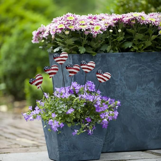 4 Set 12.4" H Metal Heart American Flag Garden Stakes Patriotic US Flag Yard Signs Lawn Decor for Garden Patio Plant Pot Memorial Day 4th of July Independence Day Decorations