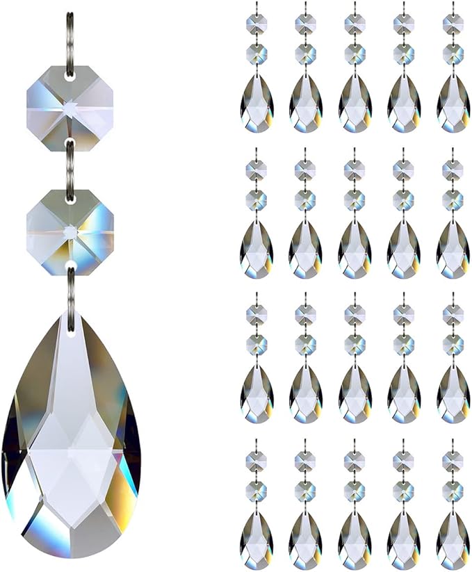20pcs 28mm Teardrop Chandelier Crystals, Clear Crystal Chandelier Prisms Pendants Parts Connected Glass Octagon Beads Hanging Garland Decoration