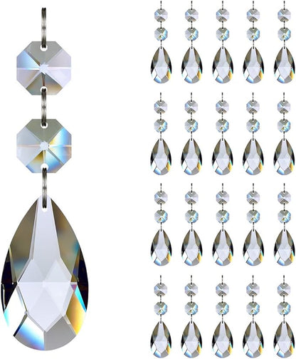 20pcs 28mm Teardrop Chandelier Crystals, Clear Crystal Chandelier Prisms Pendants Parts Connected Glass Octagon Beads Hanging Garland Decoration