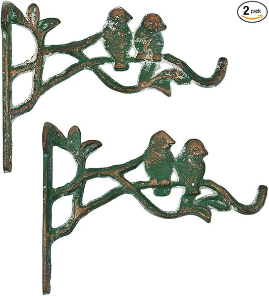 Vintage Cast Iron Hanging Plant Brackets Decorative Plant Hanger,2 Pack Green Wall Mounted Flower Pot Hooks,Outdoor Bird Feeder Hanger,Garden Hooks for Wind Chimes,Lanterns,Birdhouse