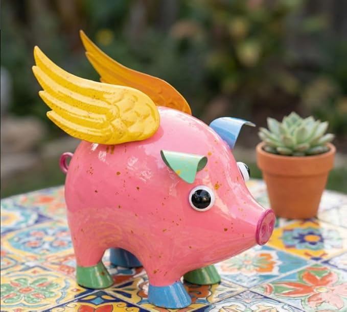 Colorful Enameled Metal Flying Pig Statue - Pink, Patio and Lawn Outdoor Garden Decor, Indoor Home Decoration, Yard Art, Farm Animal Sculpture