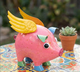 Colorful Enameled Metal Flying Pig Statue - Pink, Patio and Lawn Outdoor Garden Decor, Indoor Home Decoration, Yard Art, Farm Animal Sculpture