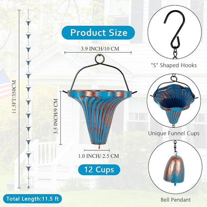 11.5 Ft Rain Chains for Gutters, Metal Rain Chain with 12 Funnel Cups, Rain Catcher Chain for Eaves Drainage, Adjustable Rainwater Chain for Outdoor Decor