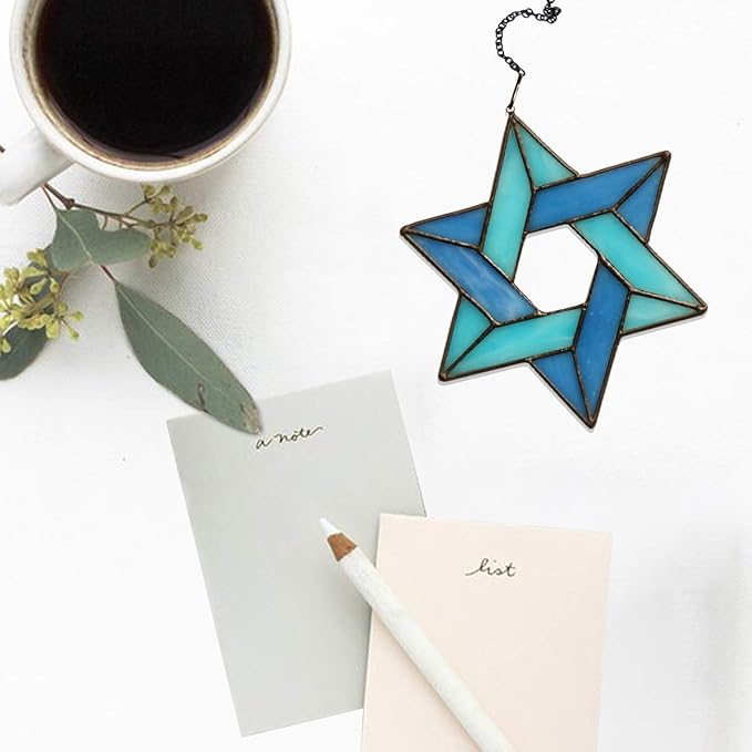 Jewish Star Stained Glass Window Hanging,Star of David Suncatcher for Home Office,Family Guardian Birthday Gifts for Women, Housewarming Gifts