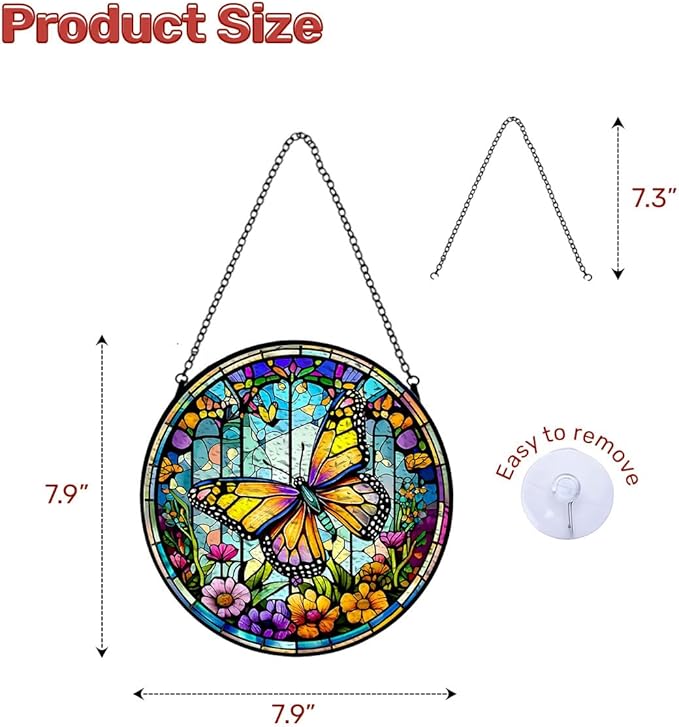 GENANY Butterfly Stained Glass Window Hanging, Sun Catcher with Metal Chain and Hook, Butterfly Spring Ornament Gifts for Women Men, Spring Home Decorations, Floral Themed Housewarming Gifts