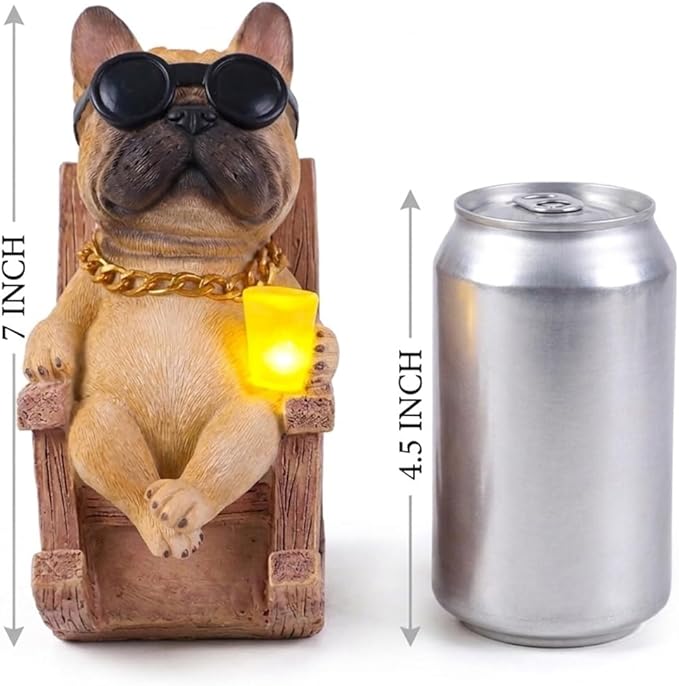Solar French Bulldog Garden Statue, Funny Frenchie Dog Figurine for Outdoor Yard, Patio, & Lawn Décor, Unique Frenchie Gifts for Housewarming & Birthday,7 Inch Resin (Fawn)