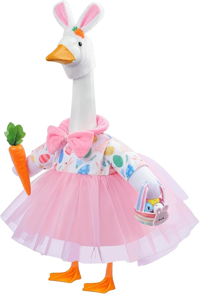 GJL Easter Porch Goose Outfits Fits 23" Cement Plastic Goose Statue Porch Goose Clothes with Hat, Basket, Carrot & 6 Easter Eggs for Easter Indoor or Outdoor Garden Decor