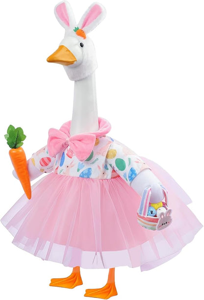 GJL Easter Porch Goose Outfits Fits 23" Cement Plastic Goose Statue Porch Goose Clothes with Hat, Basket, Carrot & 6 Easter Eggs for Easter Indoor or Outdoor Garden Decor