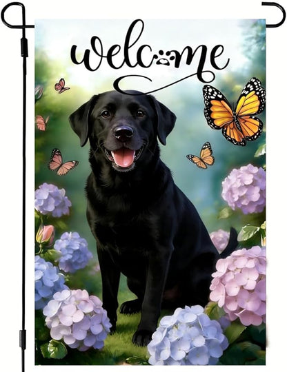 Welcome Spring Summer Garden Flags 2x18 Double Sided, Small Burlap Seasonal Farmhouse Rustic Black Lab Labrador Dog Garden Flag Spring Summer Decoration Outdoor Yard Lawn Porch Flags for Outside Décor