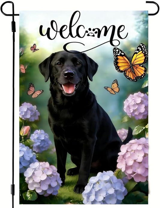 Welcome Spring Summer Garden Flags 2x18 Double Sided, Small Burlap Seasonal Farmhouse Rustic Black Lab Labrador Dog Garden Flag Spring Summer Decoration Outdoor Yard Lawn Porch Flags for Outside Décor