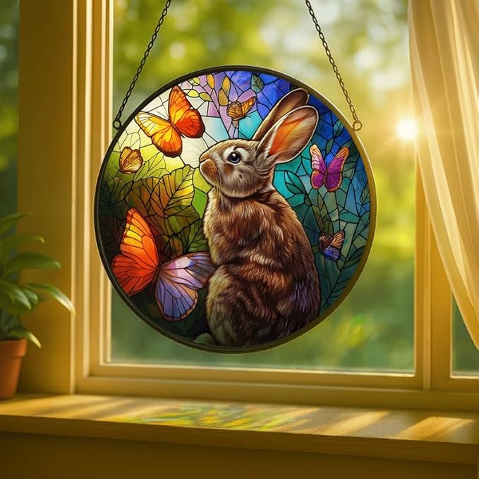 Stained Glass Window Hanging - Rabbit with Butterflies and Leaves Sun Catchers Indoor Stained Glass Panels Wall Decor for Mom,Wife,Lovers,Festive
