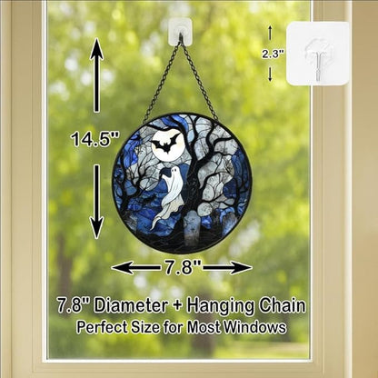 Stained Glass Window Hanging - Halloween 7.8in Spirits, Cat and Full Moon Graveyard Scene Sun Catchers Panel for Indoor Decorative Display for Mom, Wife, Lovers, Festive