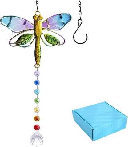 14'' Dragonfly Decor Stained Glass Suncatcher for Windows Hanging Crystal Sun Catcher Prism Rainbow Maker Pendant Ornament for Christmas Tree