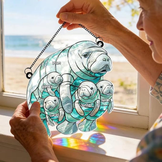 Personalized Manatee Family Acrylic Sun Catcher Ornament Gift for Grandma Mom, Custom Kids Names Window Decor, Heartfelt Gifts for Mimi Nana from Grandkids, Family Window Hanging Decor