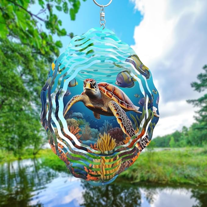3D Sea Turtle Wind Spinner 10 Inch Ocean Theme Metal Art Stainless Steel Kinetic Art Hanging Spinner for Indoor and Outdoor Garden Decoration