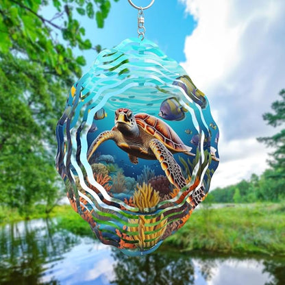 3D Sea Turtle Wind Spinner 10 Inch Ocean Theme Metal Art Stainless Steel Kinetic Art Hanging Spinner for Indoor and Outdoor Garden Decoration