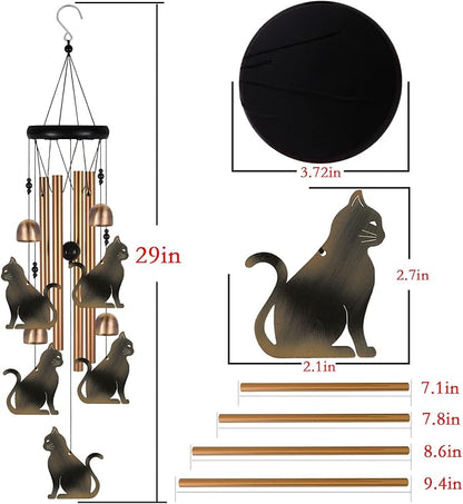 Bronze Cat Wind Chime, Gifts for Mom, Home, Garden, Balconies, Rooms, Patio, Indoor, Outdoor Cat Decoration, Cat Chimes, With 4 Aluminum Tubes 5 Cats Wind Chimes, Cat Wind Catcher, Cat Wind Bell Decor