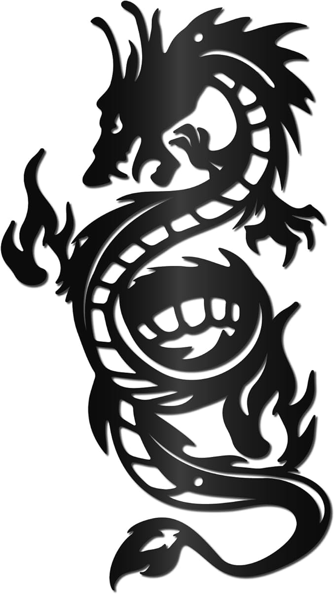CREATCABIN Metal Dragon Wall Art Black Iron Signs Asia Japanese Chinese Dragon Sculpture Hanging Hollow Wall Artwork Ornament Decoration for Living Room Office Outside Garden Balcony 11.8 x 5.3 Inch
