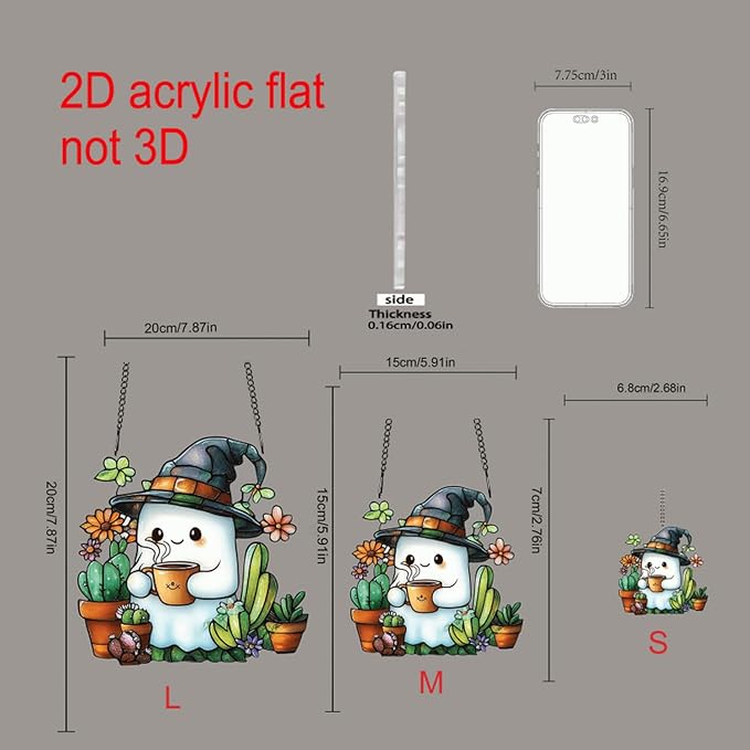 Halloween Cute Ghost Suncatcher,Fun Decoration Plant Light Sun Catcher，Acrylic Window Hanging Indoor Outdoor for Family Art Wall Decor，Women Friends Neighbor Halloween Party Gift 7.8inch
