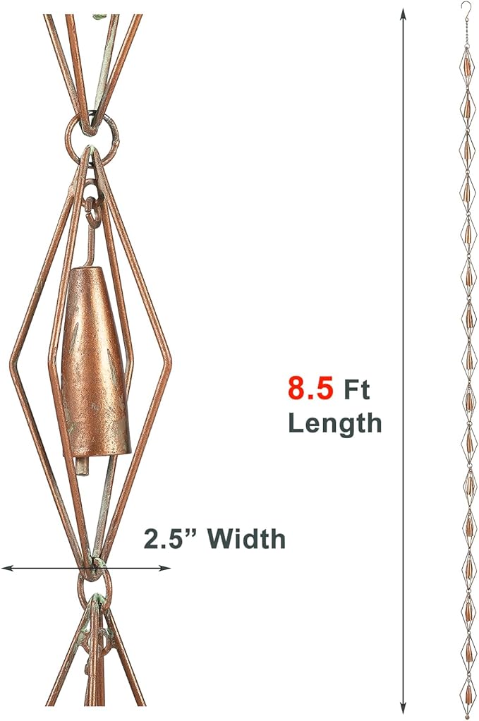 8.5 Feet Diamond & Bell Rain Chain for Outsides, Rain Catch Chains for Gutters Downspouts, Copper Patina Finish Iron
