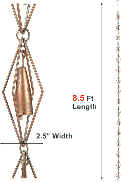 8.5 Feet Diamond & Bell Rain Chain for Outsides, Rain Catch Chains for Gutters Downspouts, Copper Patina Finish Iron