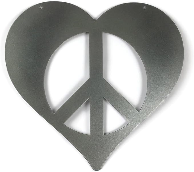 Peace and Heart Staked Signs or Wall Art Rustic or Powder Coated Finishes (Medium Peace Heart Hanger 12", Dark Gray Metallic)