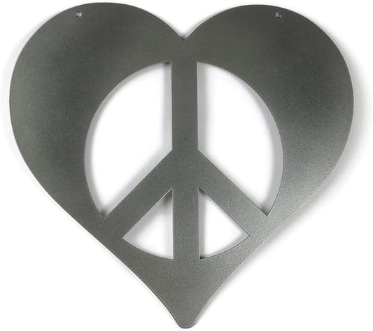 Peace and Heart Staked Signs or Wall Art Rustic or Powder Coated Finishes (Medium Peace Heart Hanger 12", Dark Gray Metallic)