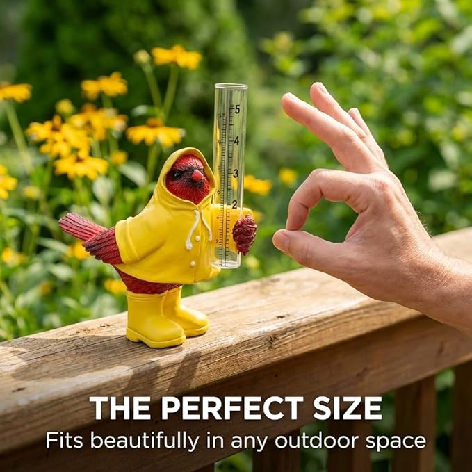 The Bridge Collection Cardinal in Raincoat Rain Gauge Statue - Cute Red Bird Spring Garden Decor
