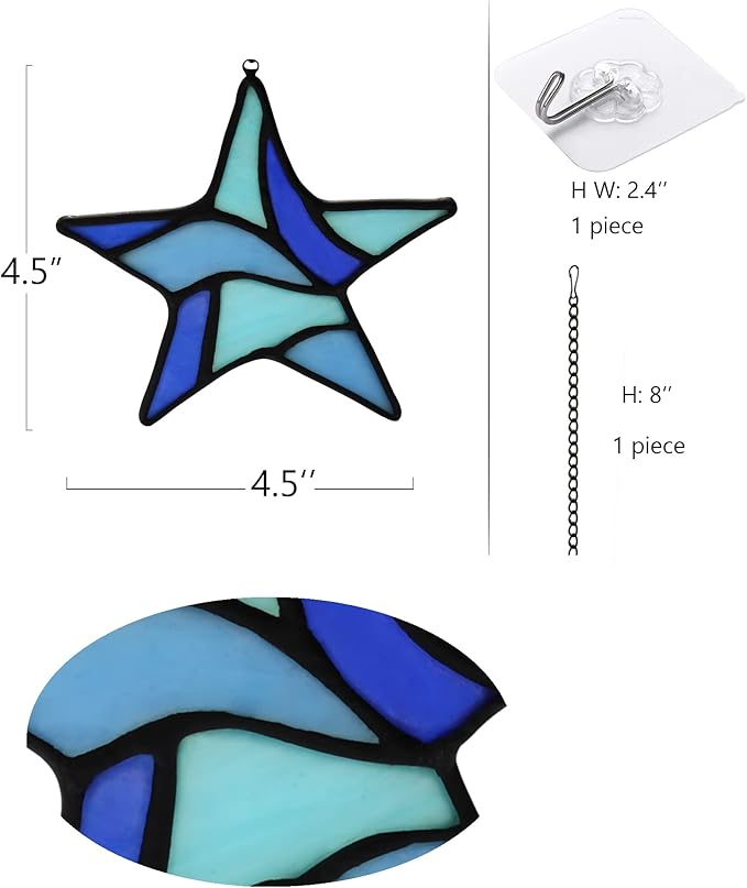 Blue Star Decoration Stained Glass Window Hanging,Glass Star Suncatcher for Living Room Bedroom Bathroom Kitchen, Birthday Gift for Boy Men Party