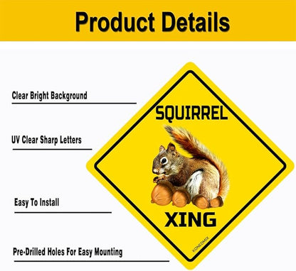 SQUIRREL Xing Crossing Sign Funny Novelty Metal Tin Sign for Bar Club Country Home Coffee Shop Indoor& Outdoor Decor Yellow Street Sign 12X12inch