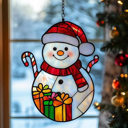 Cute Snowman Acrylic Suncatcher Stained Glass Effect Window Car Hanging Christmas Ornament Indoor Outdoor Decor Garden Sun Catcher Panel for Christmas Lover for Women Mom Grandma